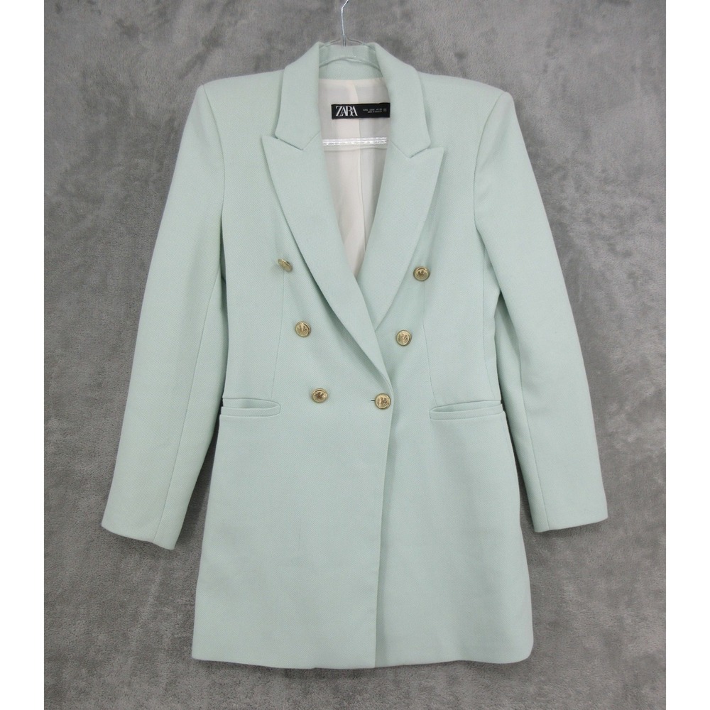 Zara Blazer Women Small Mint Green Double Breasted Gold Crest Button Longline